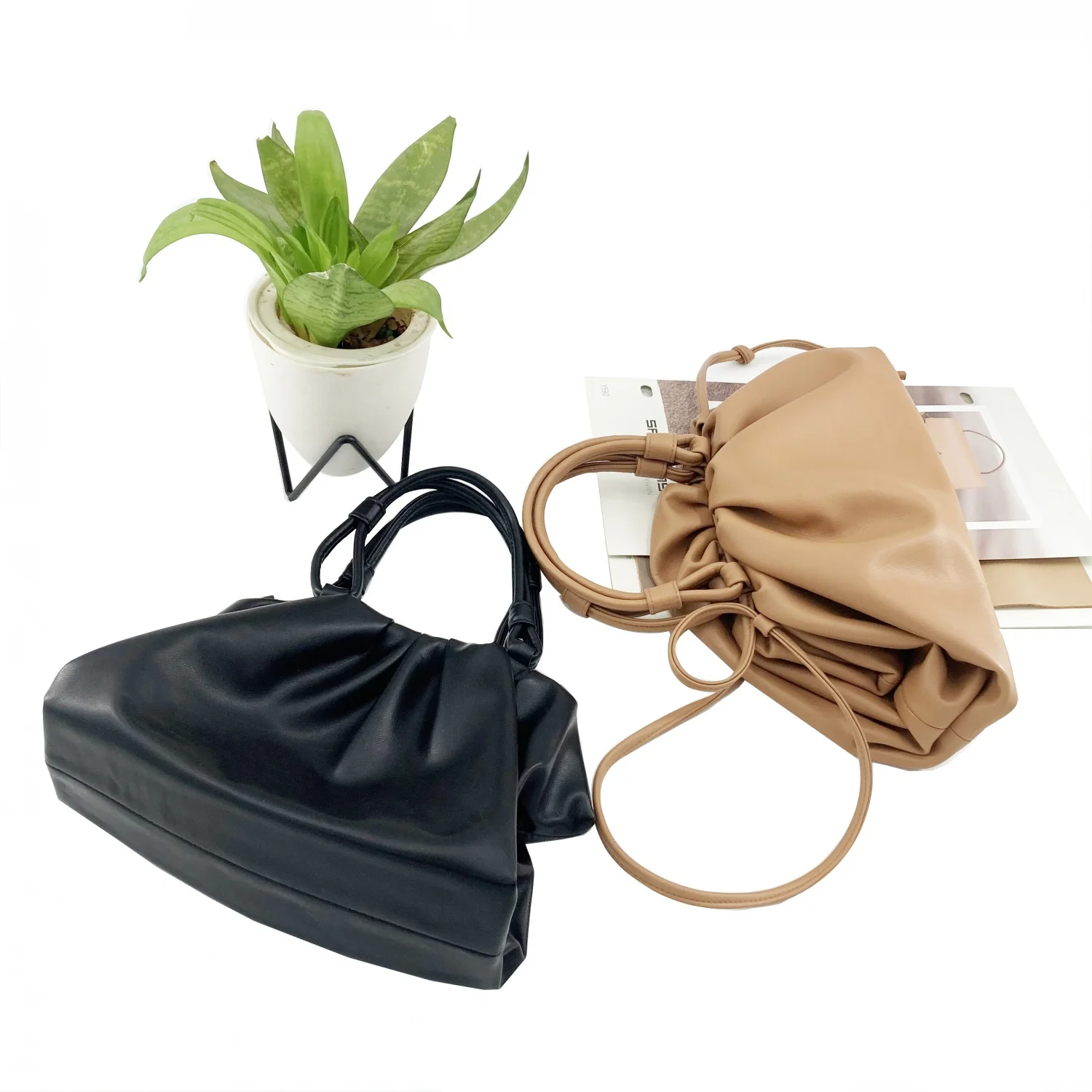 Feiteng Leather Ruched Pouch Bags