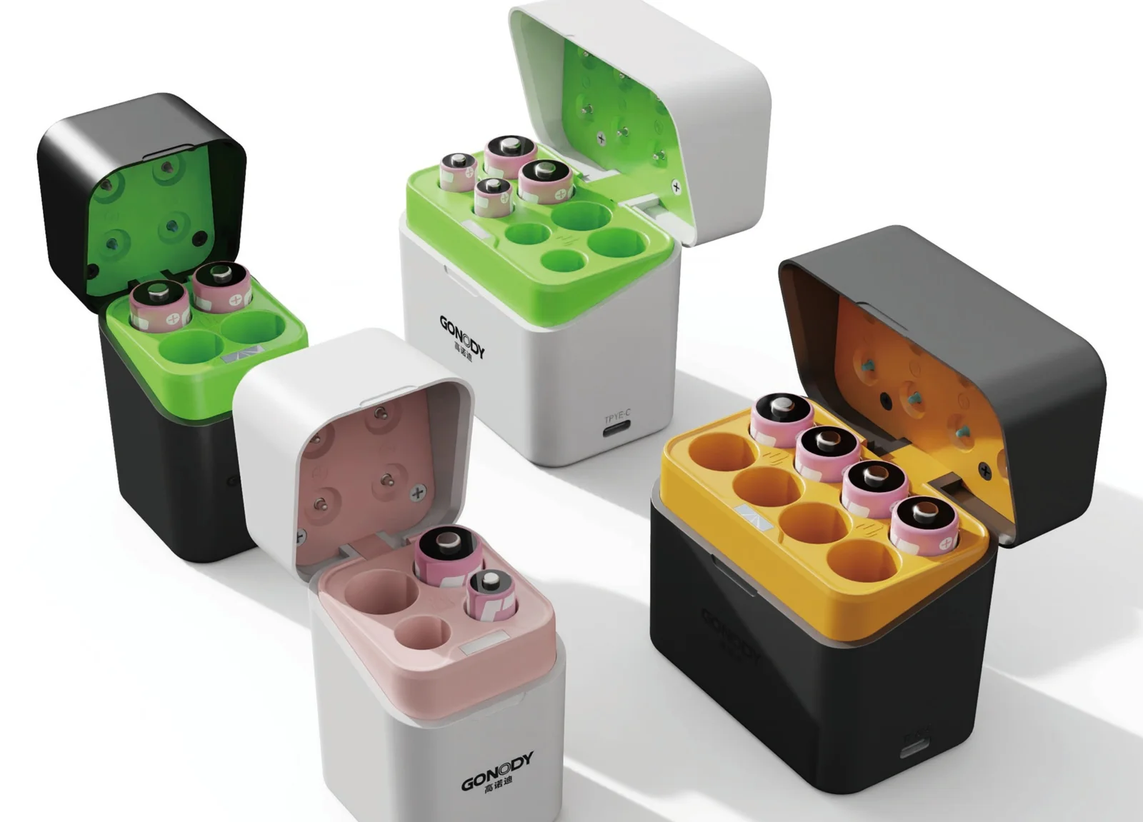 GONODY Battery Chargers Flip-Top Charging Cases, 4 and 8 Slot