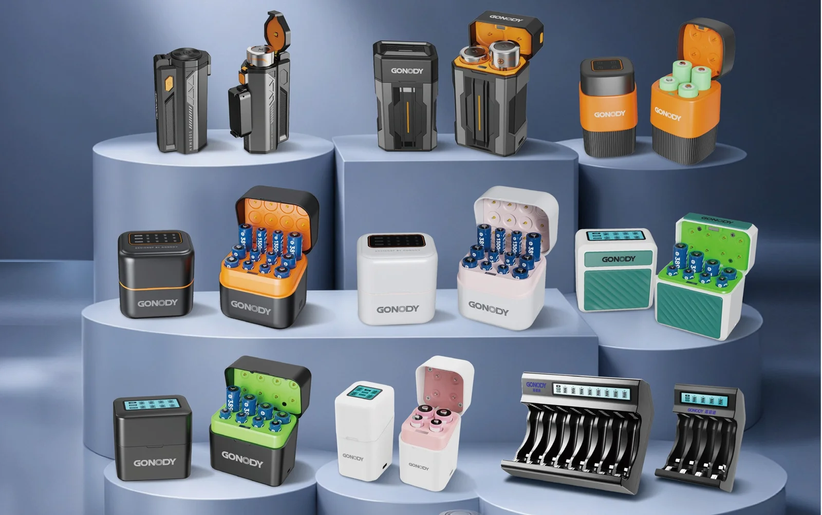 GONODY Battery Chargers Charger Line-Up, 1 to 12 Slots