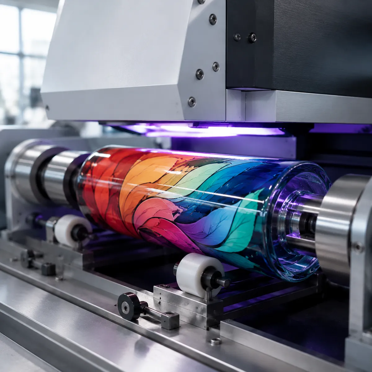 Cylindrical UV printer wrapping graphics around a bottle