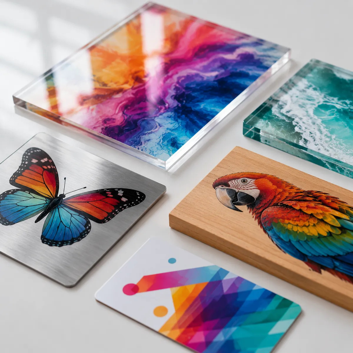 UV-printed sample pieces on multiple materials