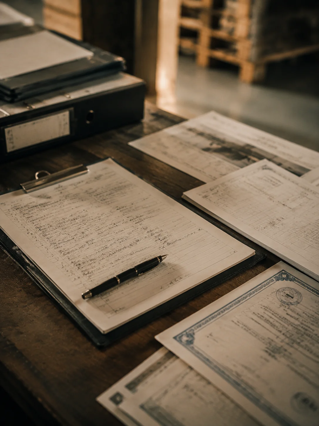 Factory audit notes and documents on a desk