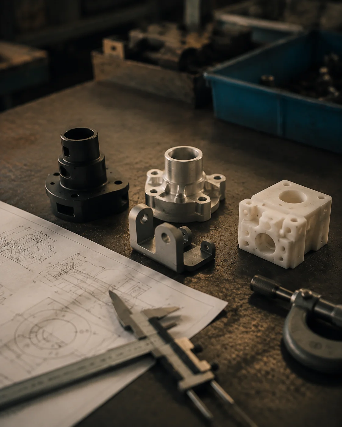 Product samples and a specification sheet on a workshop bench
