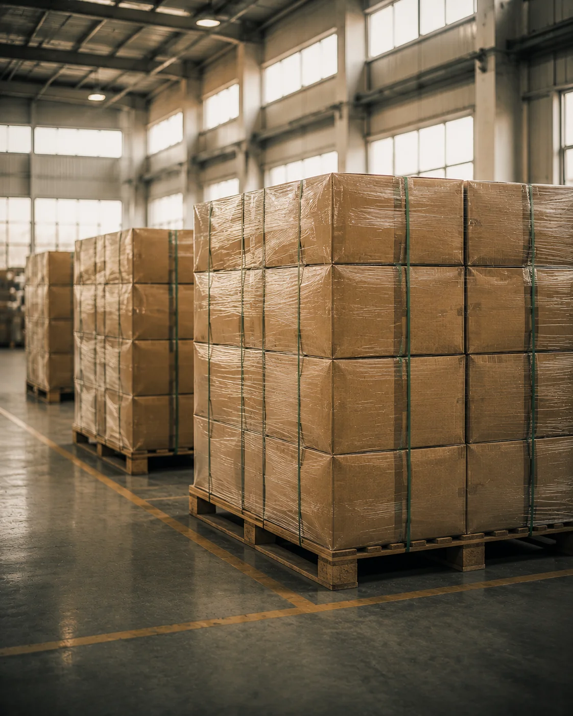 Export-ready cartons palletised for shipping