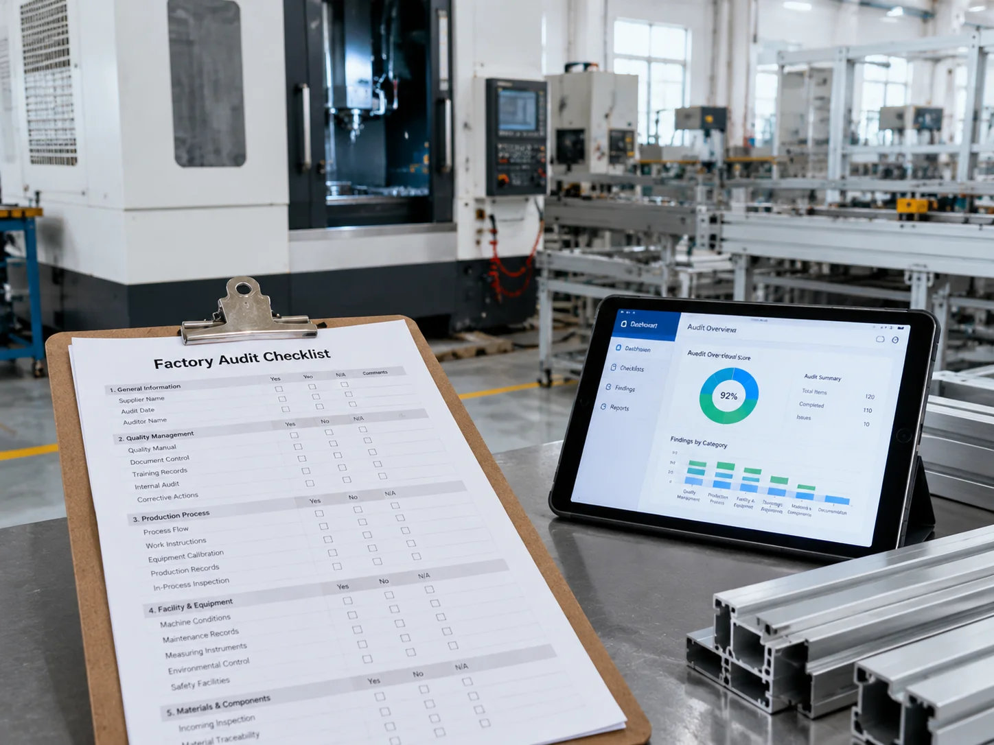 On-site factory audit walkthrough on the production line
